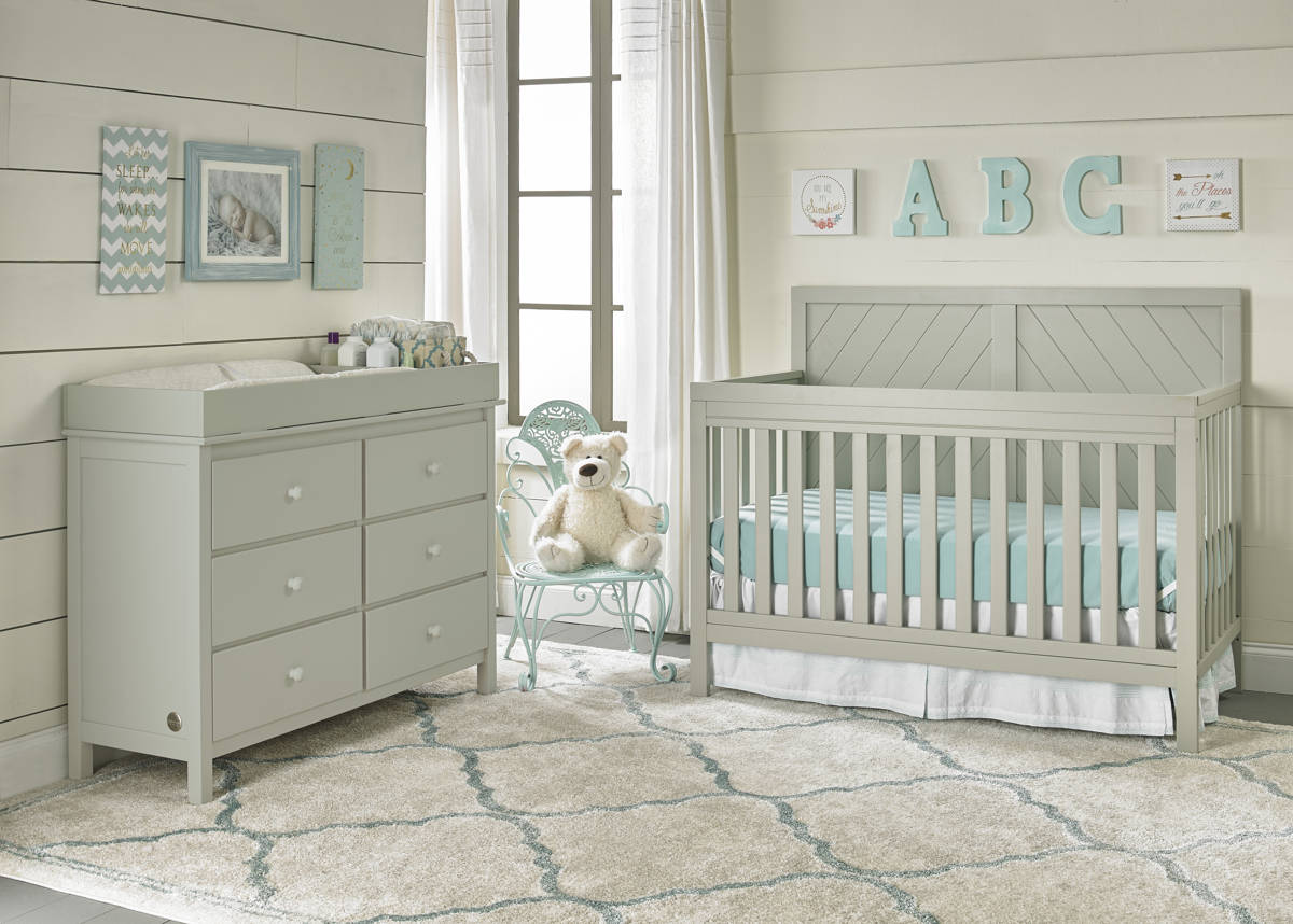 grey crib and dresser set