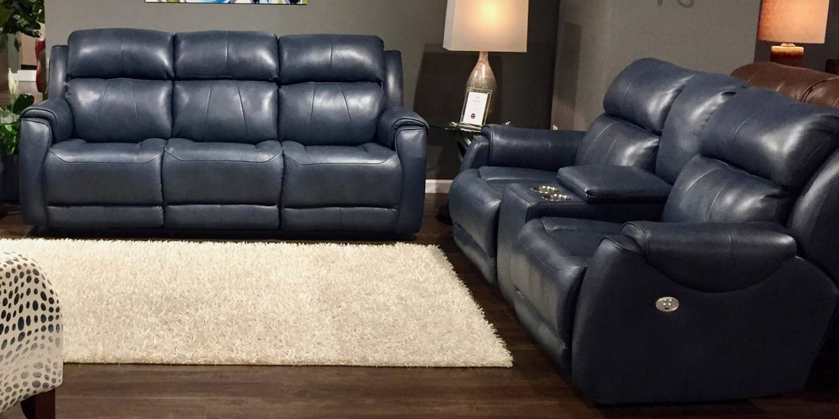 Southern Motion Safe Bet Blue Power, Blue Leather Reclining Sofa Set
