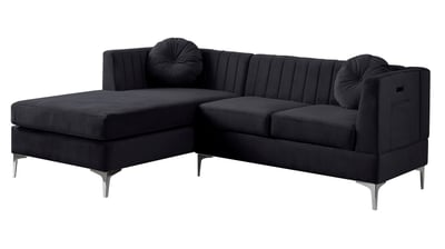 Lilola Home Chloe Black Velvet Sectional Sofa Chaise with USB Charging Port