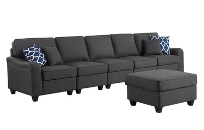 Lilola Home Leo Contemporary Dark Gray Linen 6 Seater Sofa and Ottoman