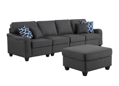 Lilola Home Leo Contemporary Dark Gray Linen 5 Seater Sofa and Ottoman