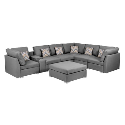 Lilola Home Amira Gray Fabric Reversible Sectional With USB Console And Ott...