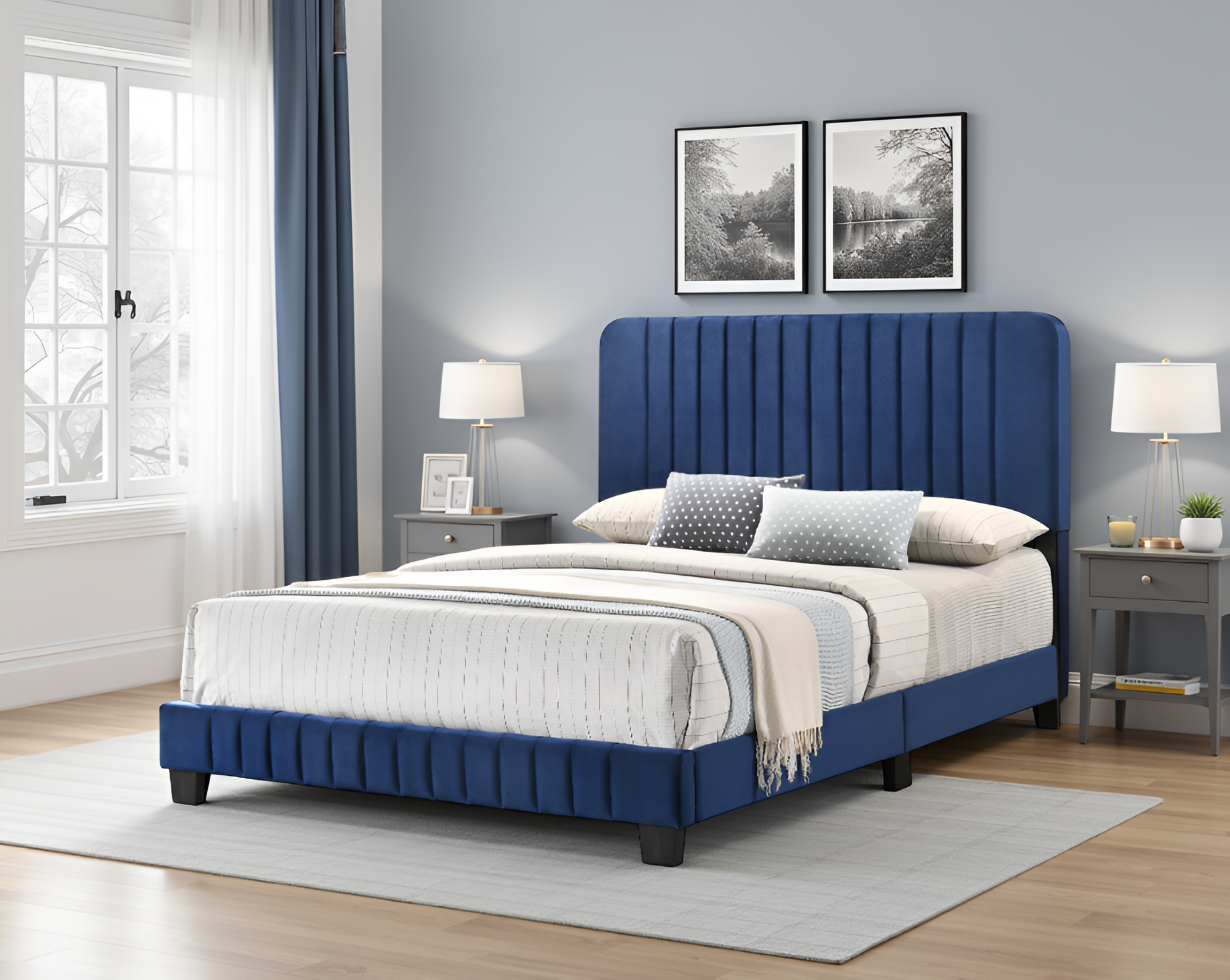 Elite Space Living Valletta Navy Blue Velvet Full Bed