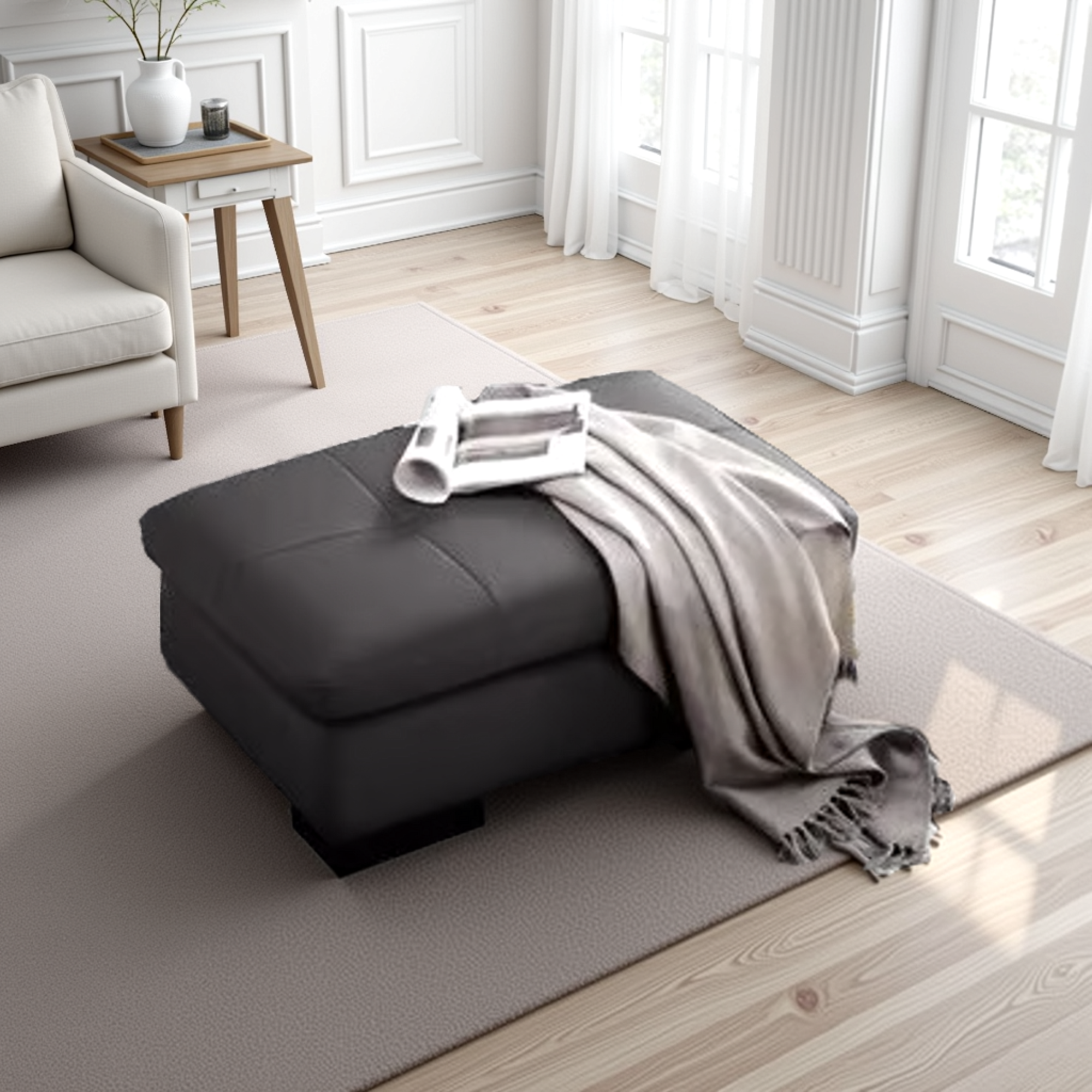 Elite Space Living Nottingham Gray Leather Upholstered Ottoman
