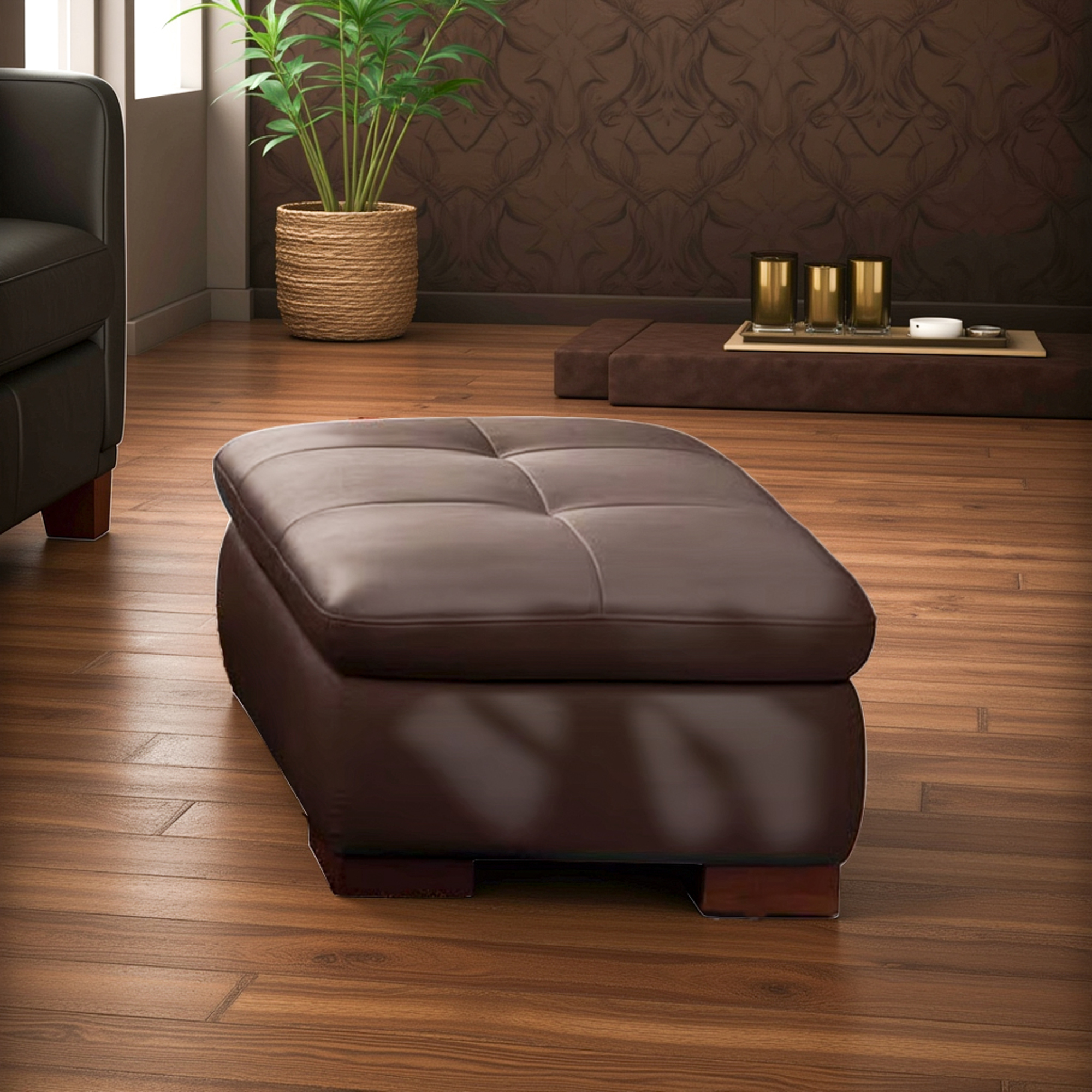 Elite Space Living Nottingham Brown Leather Upholstered Ottoman