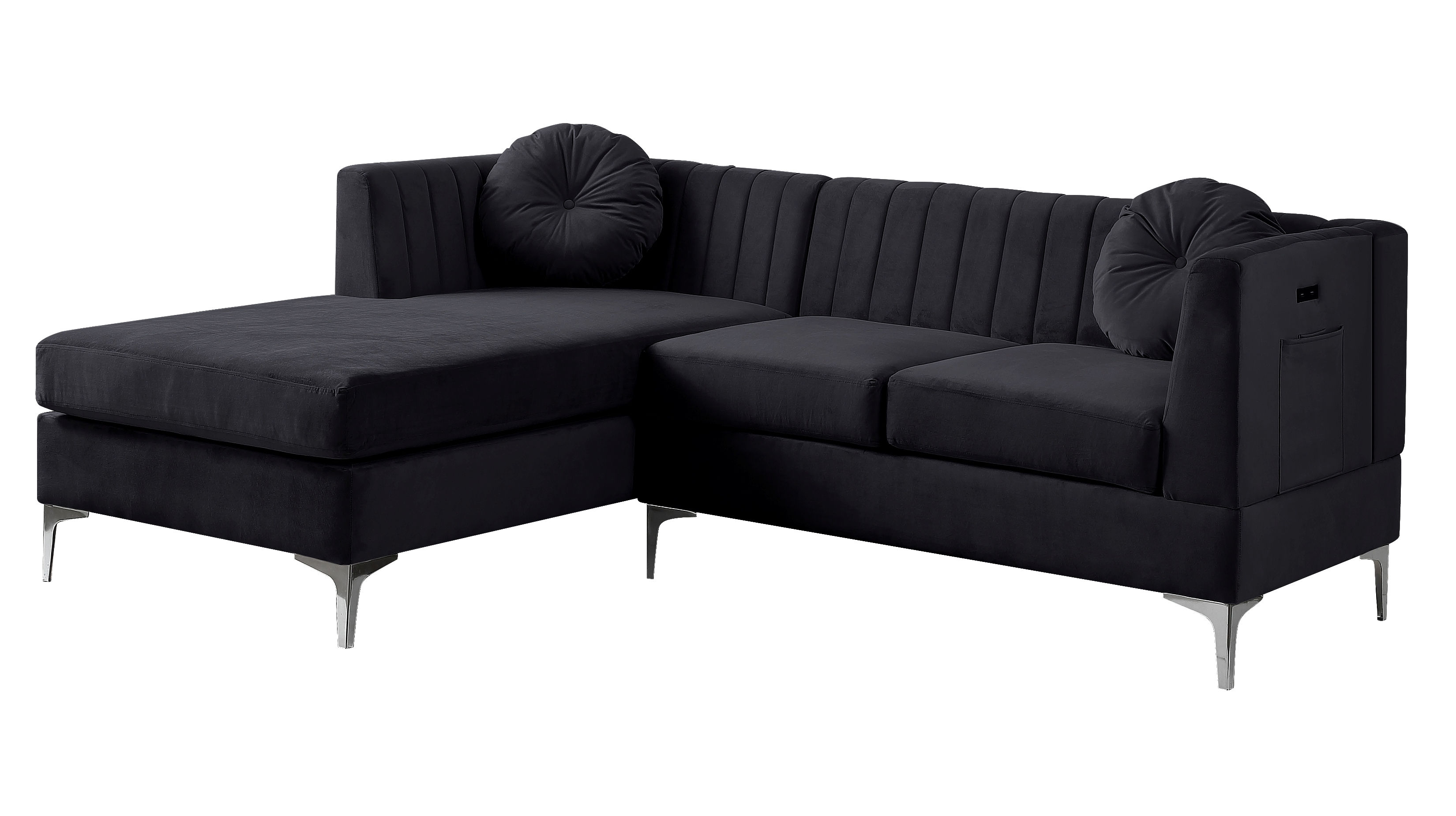 Lilola Home Chloe Black Velvet Sectional Sofa Chaise with USB Charging Port