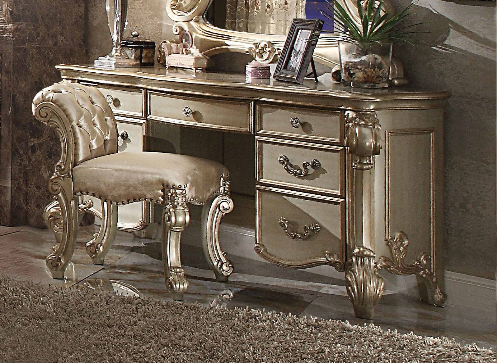 Acme Furniture Vendome Gold Patina Bone Vanity Desk
