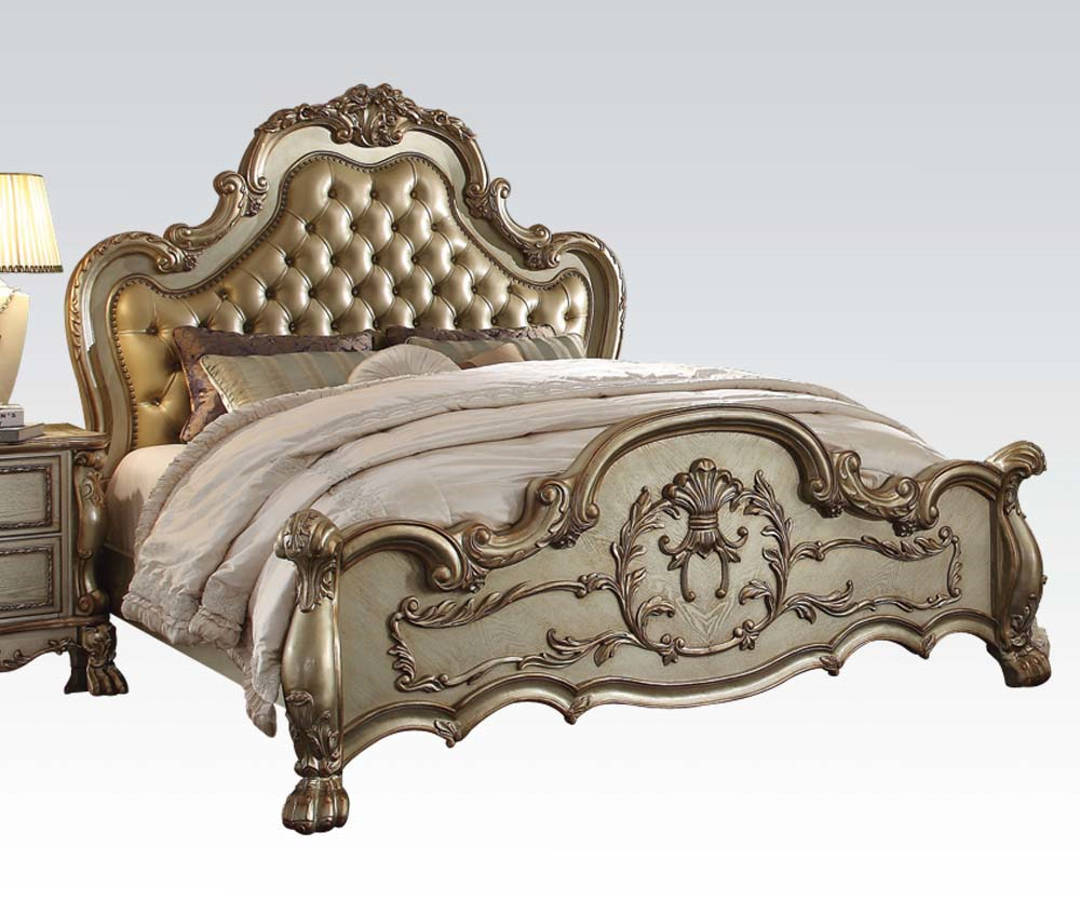 Acme Furniture Dresden Bone Gold Patina Leather Queen Bed