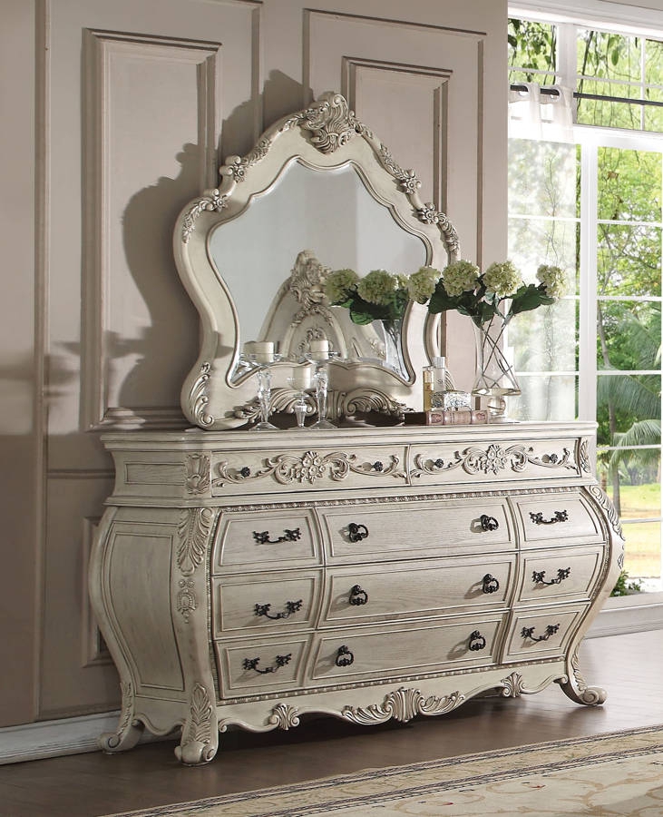 Ragenardus Traditional Antique White Dresser And Mirror