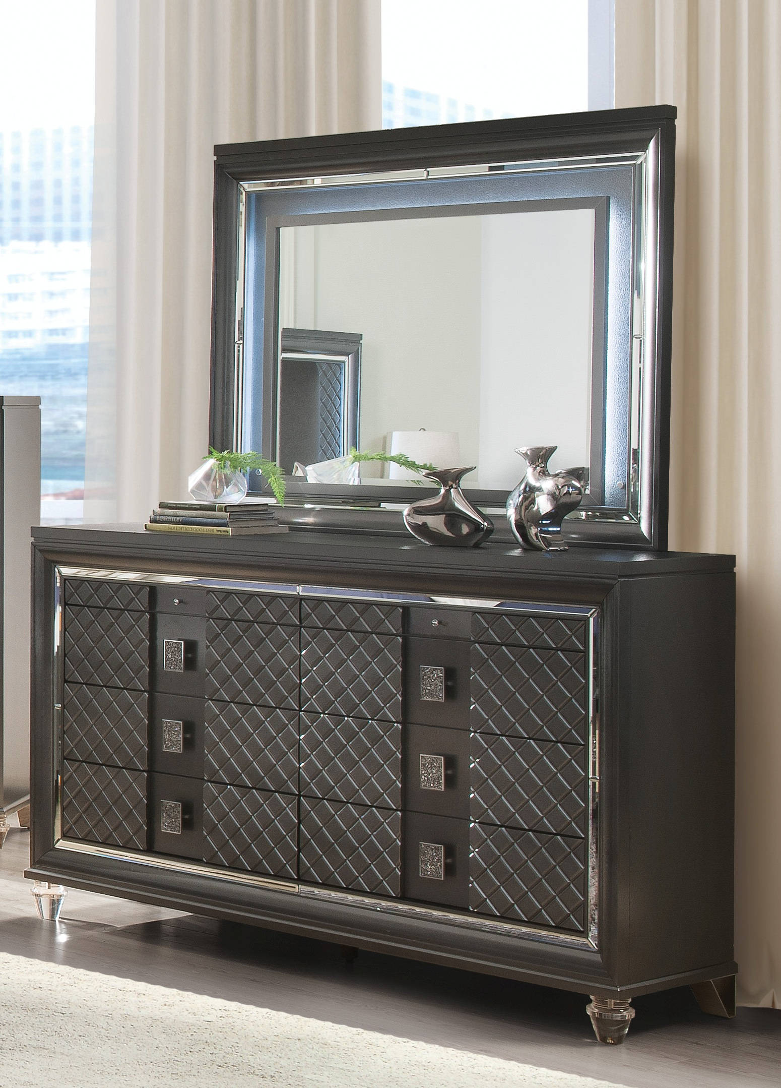 Acme Furniture Sawyer Metallic Gray Dresser and LED Mirror