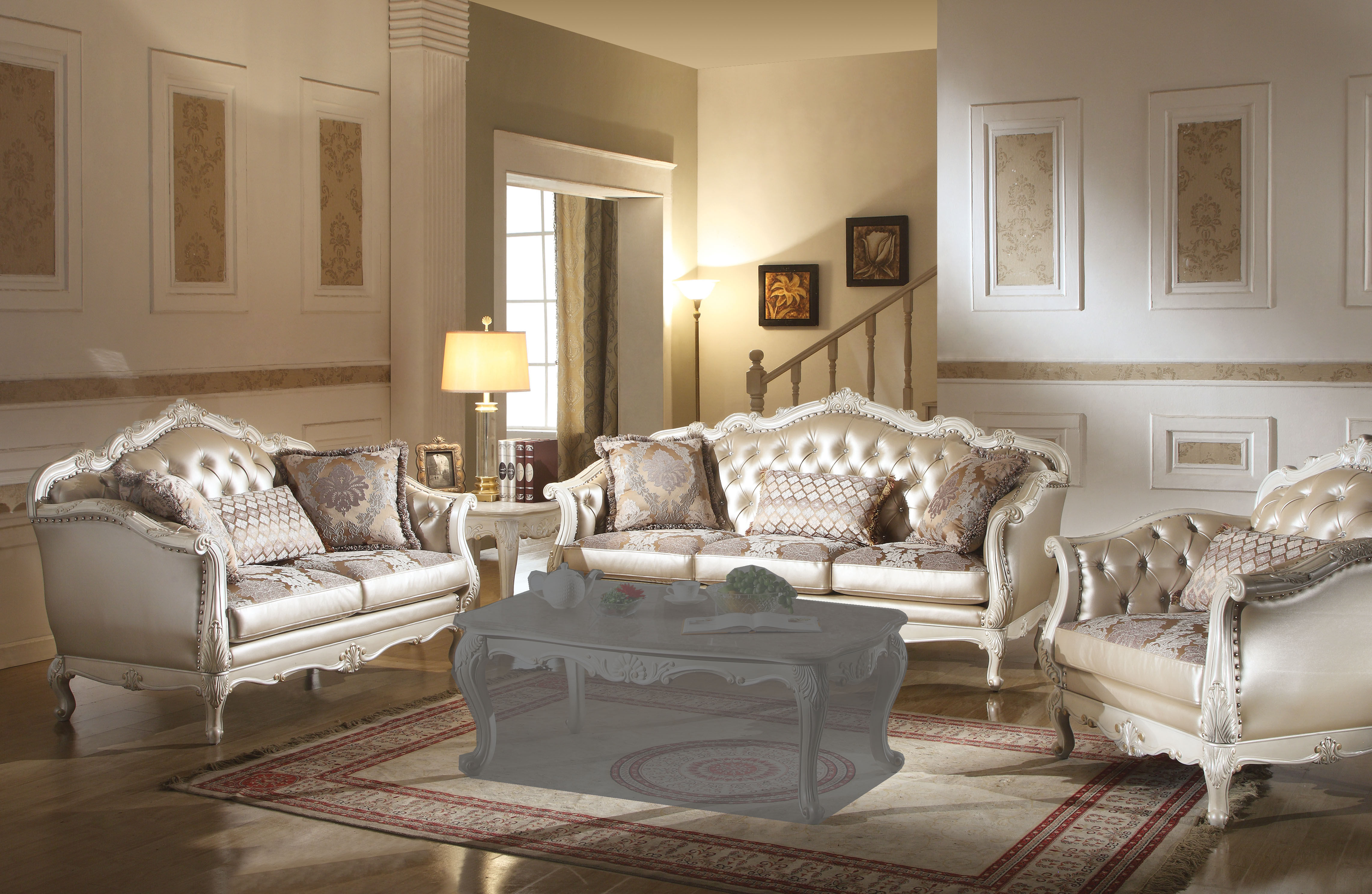 Acme Furniture Chantelle Rose Gold Pearl White 3pc Living Room Set