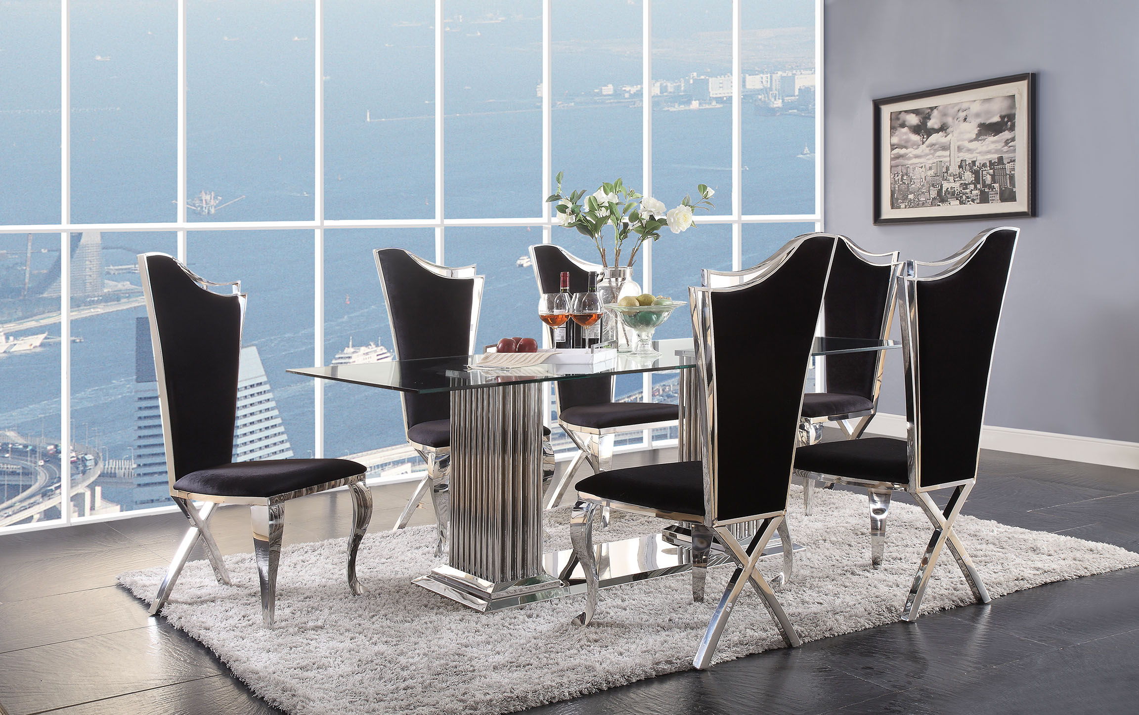 Acme Furniture Cyrene Black Silver Modern 7pc Dining Room Set