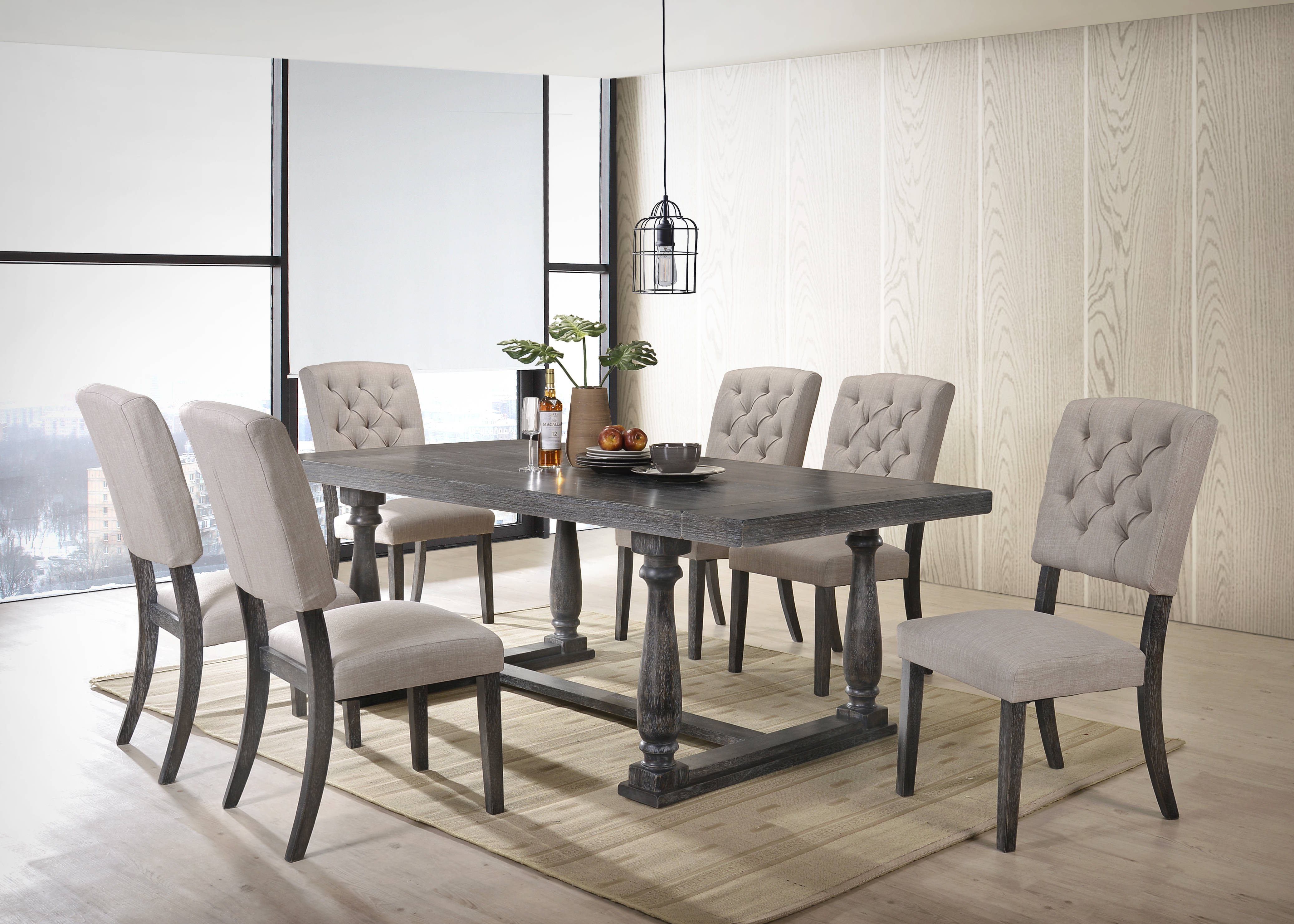 Acme Furniture Bernard Beige Weathered Gray Oak 7pc Dining Room Set
