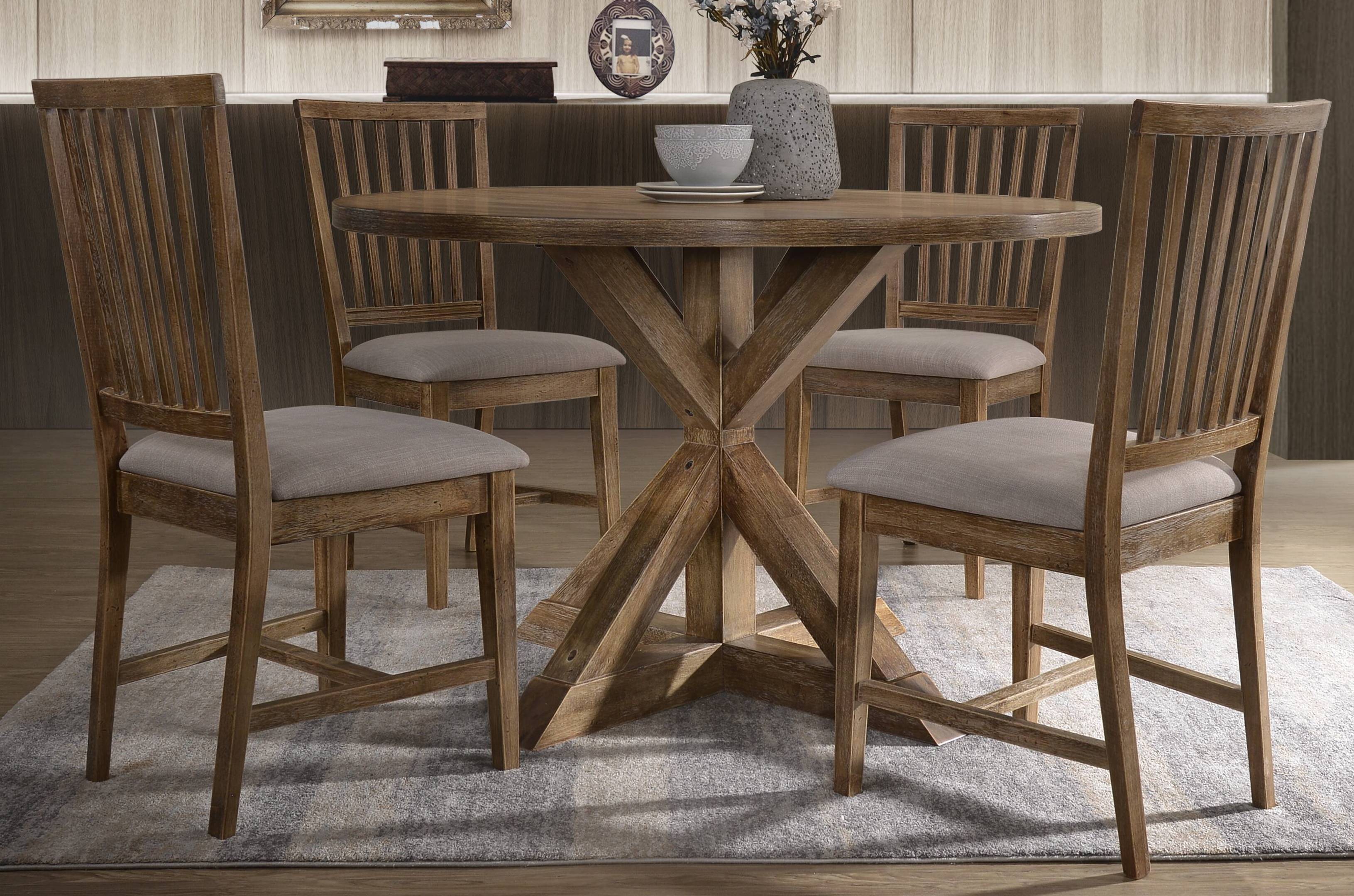 Acme Furniture Wallace II Tan Linen Weathered Oak Wood 5pc Dining Room Set