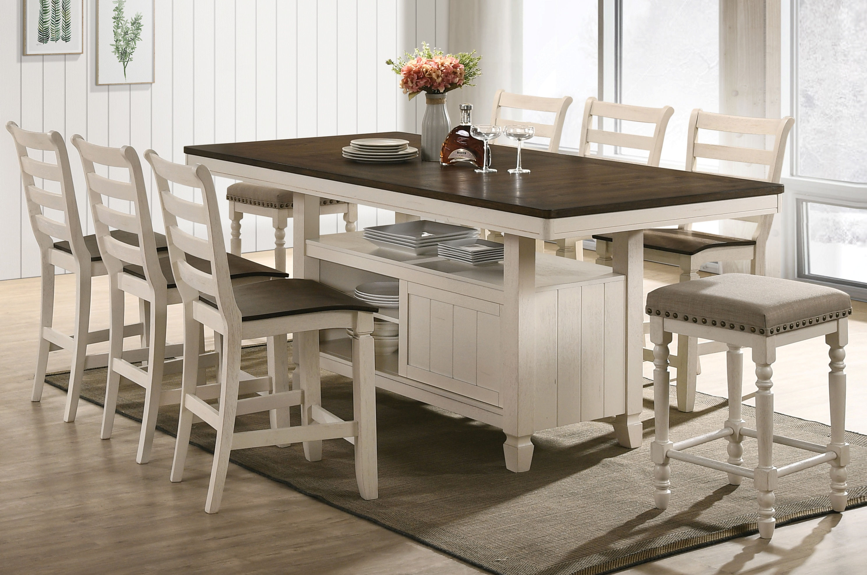 Acme Furniture Tasnim Oak Antique White 9pc Counter Height Set