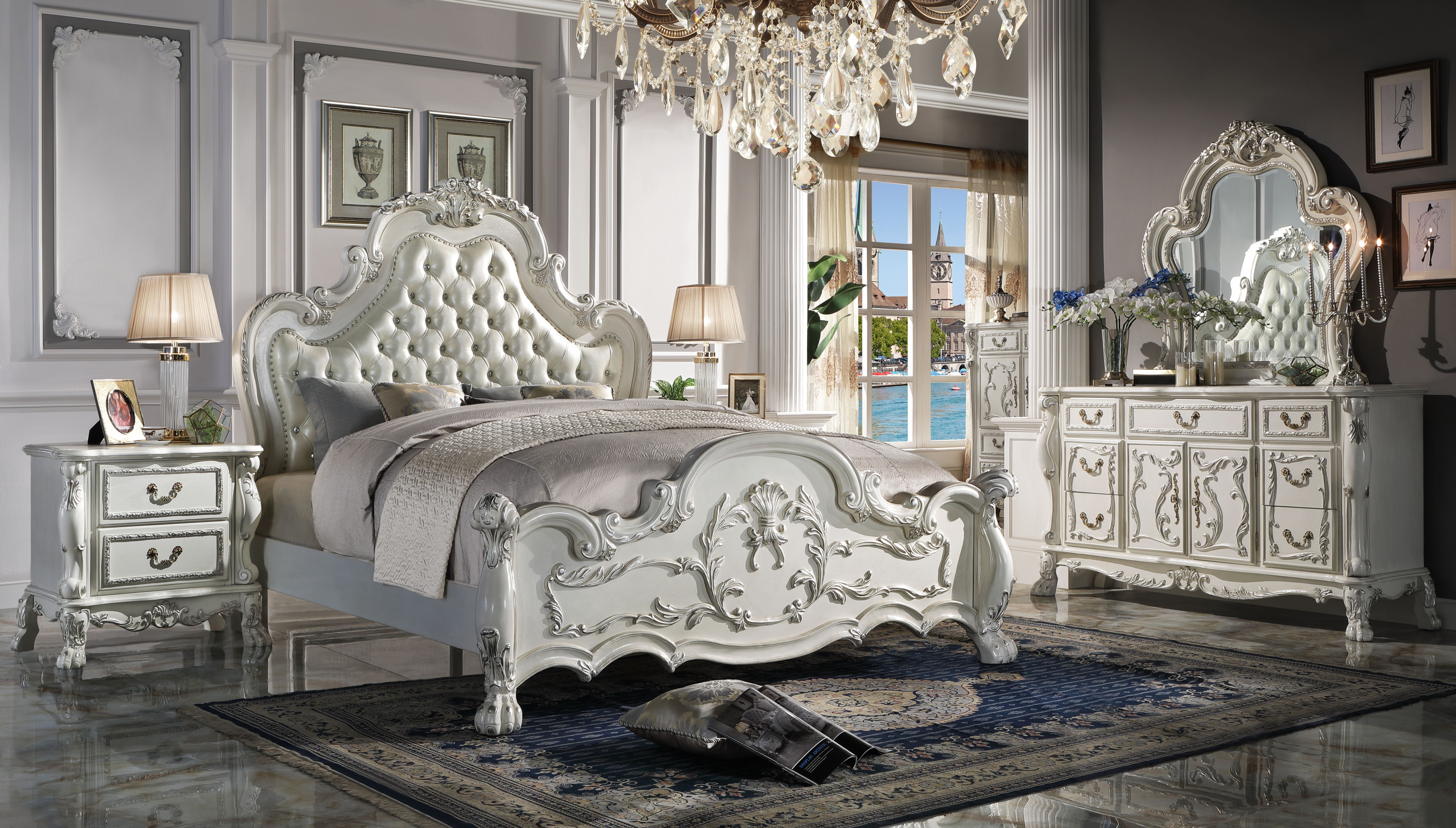 Acme Furniture Dresden Bone White 4pc Bedroom Set With Leather King Bed