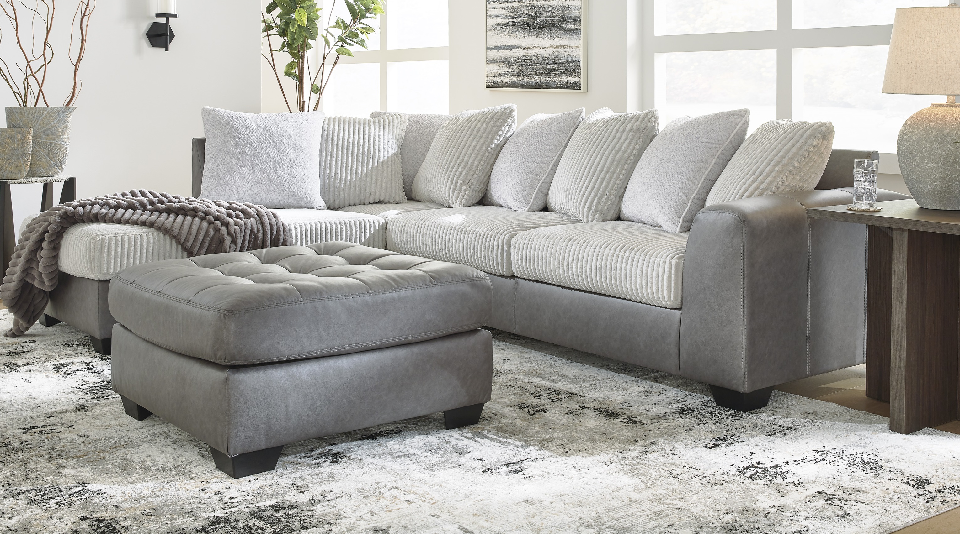 Ashley Furniture Clairette Court Alloy 2pc LAF Chaise Sectional With Ottoma...