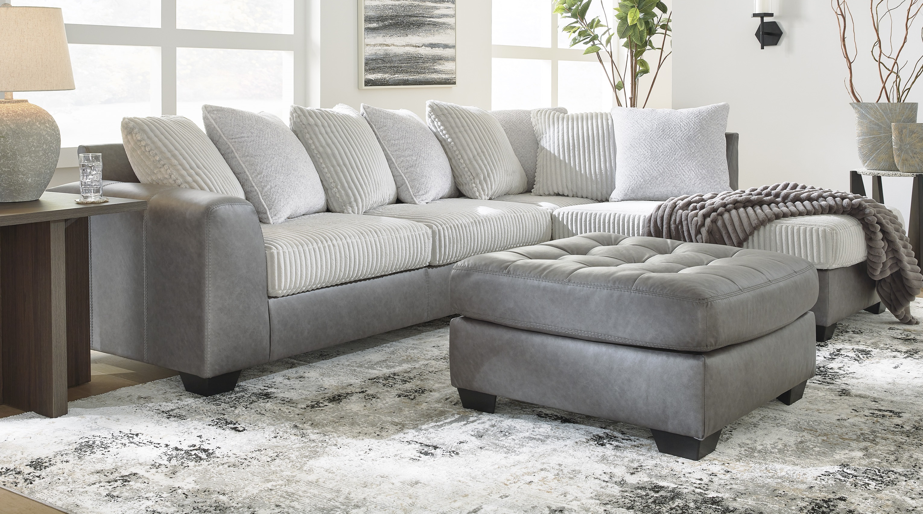 Ashley Furniture Clairette Court Alloy 2pc RAF Chaise Sectional With Ottoma...