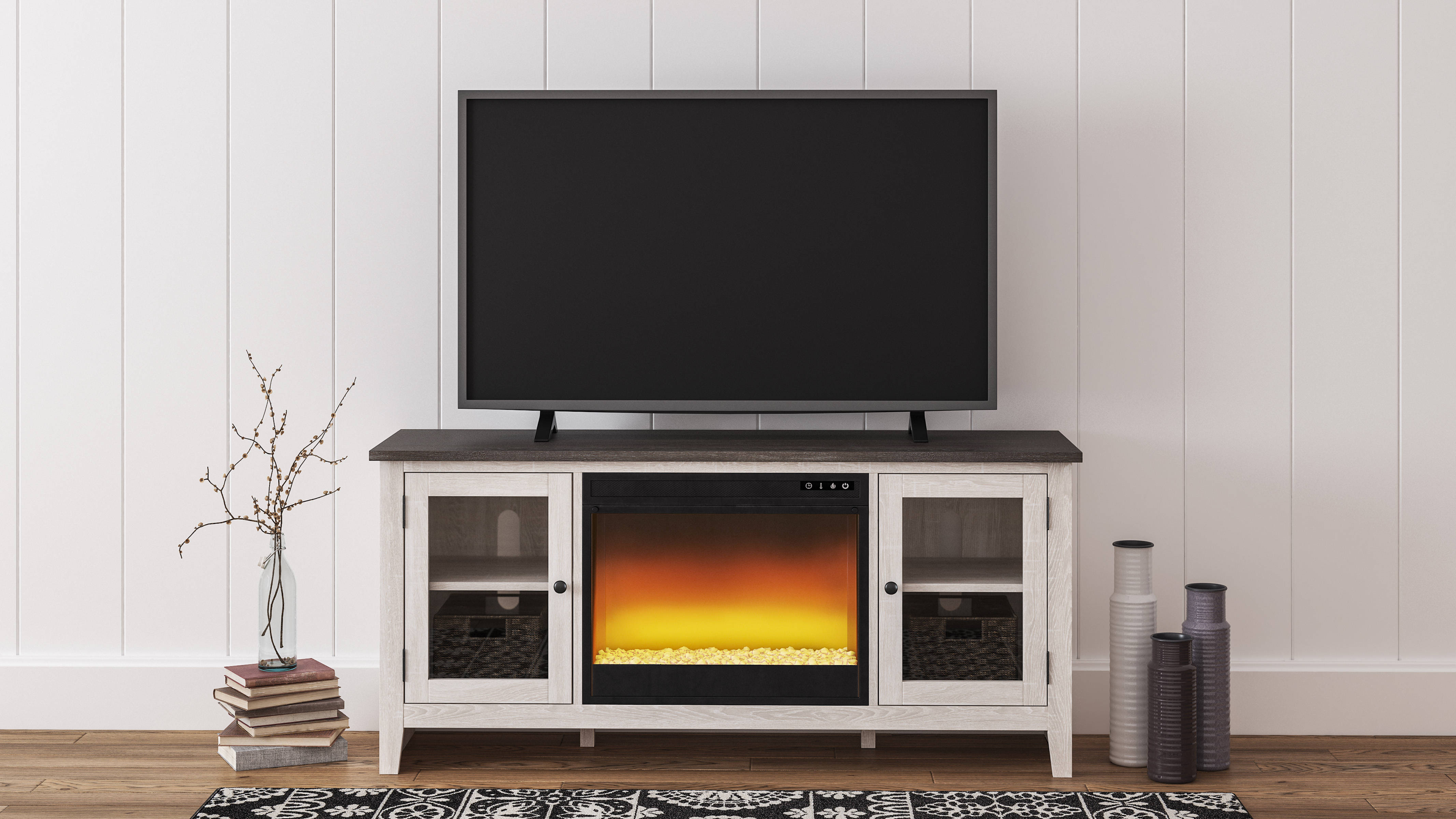 Ashley Furniture Dorrinson Two Tone TV Stand With Glass Stone Fireplace