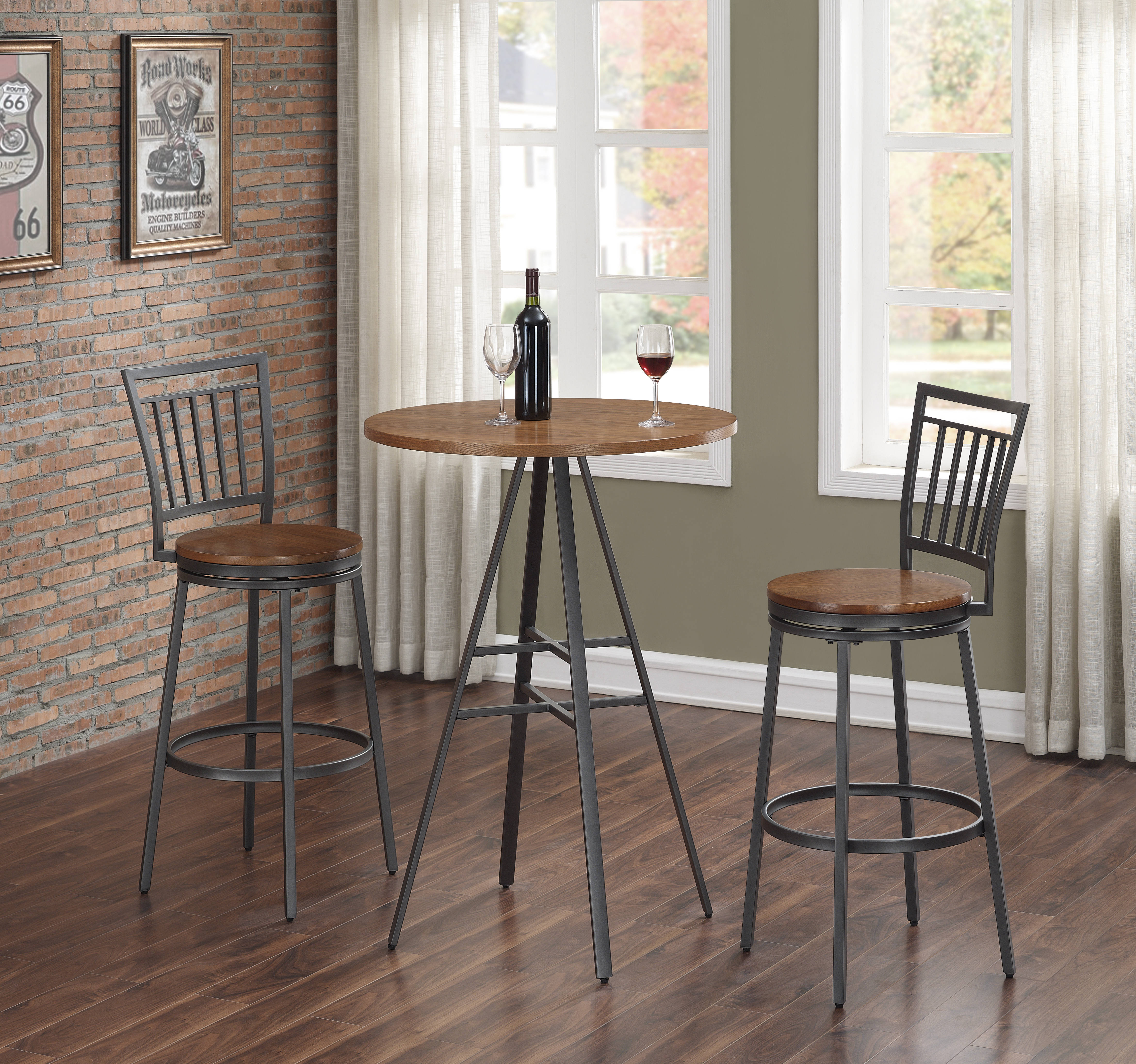 American Woodcrafters Filmore Slate Grey Golden Oak 3pc Pub Table Set