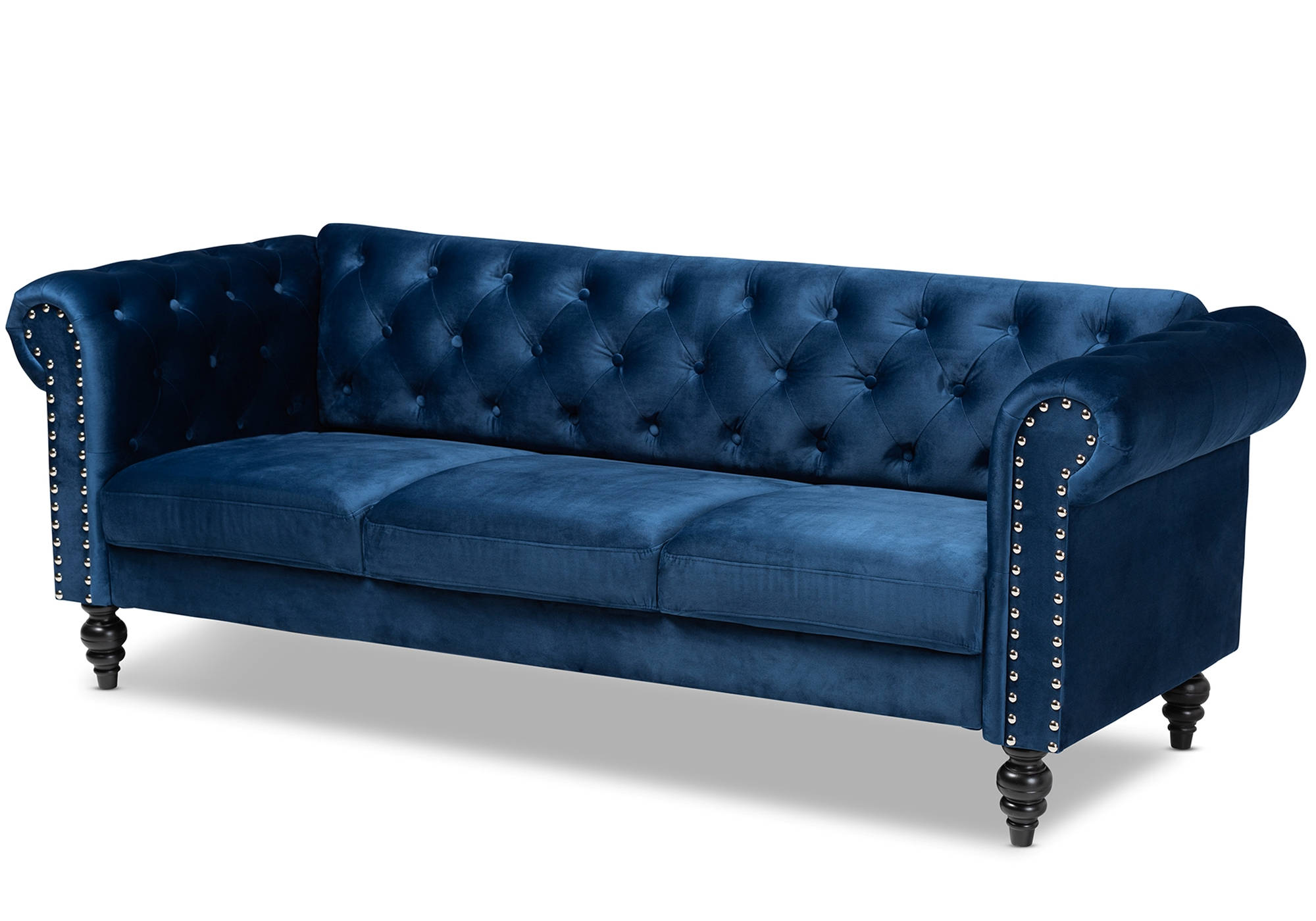 Baxton Studio Emma Navy Blue Velvet Button Tufted Chesterfield Sofa