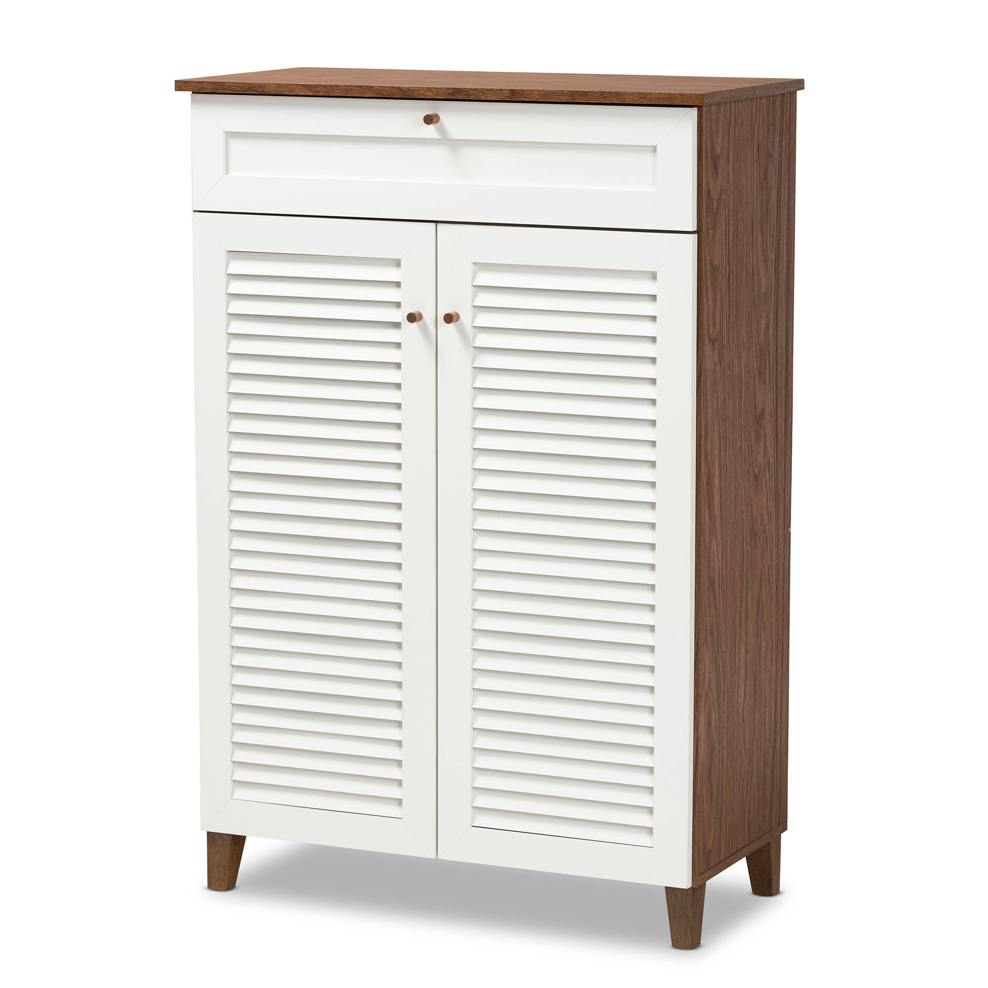 Baxton Studio Coolidge White Walnut 5 Shelf Shoe Storage Cabinet with Drawe...