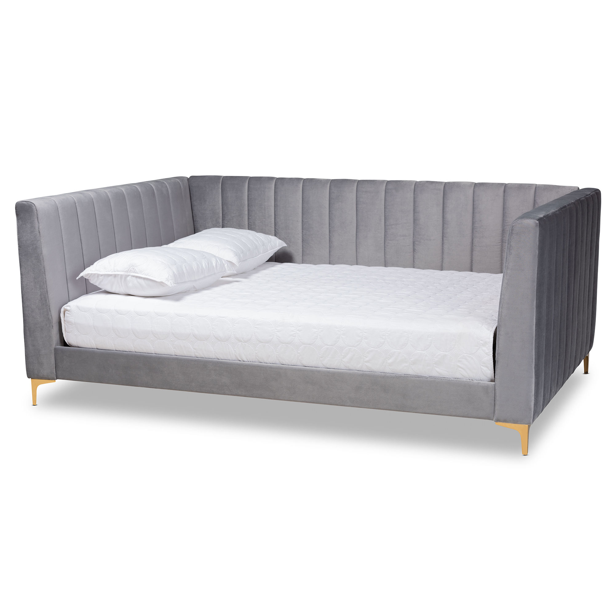 Baxton Studio Oksana Light Grey Velvet Gold Finished Queen Size Daybed