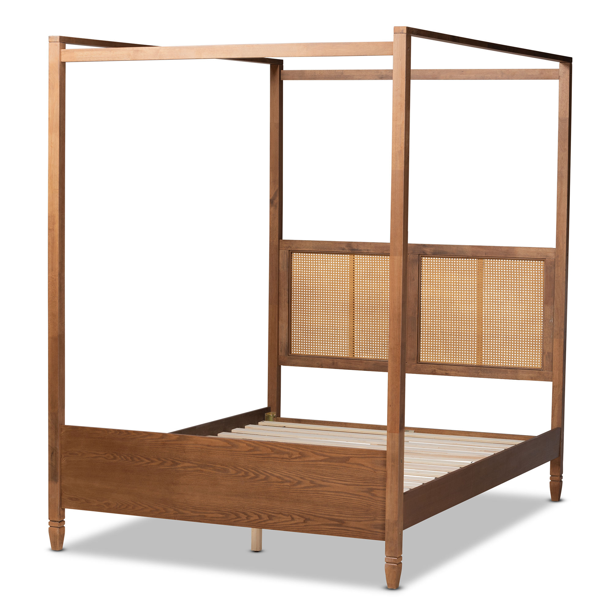 Baxton Studio Malia Walnut Brown Wood Synthetic Rattan Queen Canopy Bed
