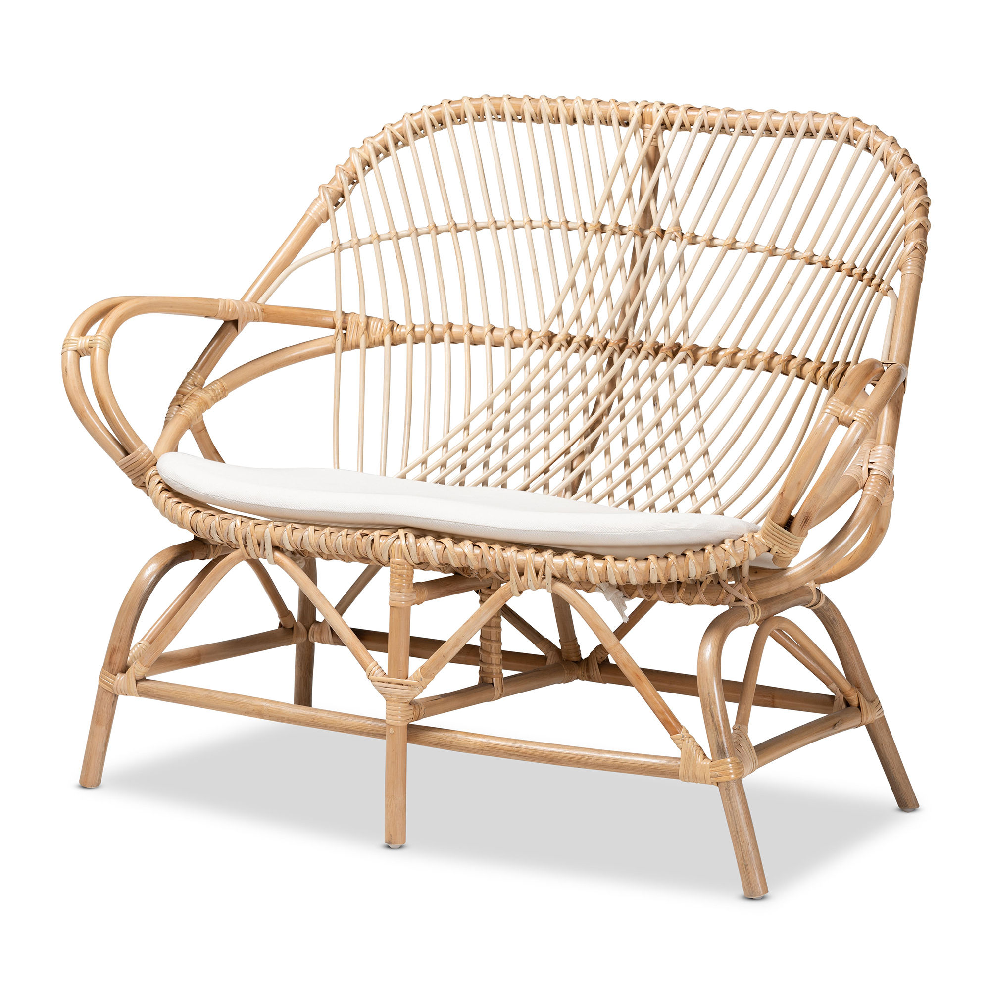 Baxton Studio Bali Pari Jayden Natural Brown White Fabric Rattan Loveseat