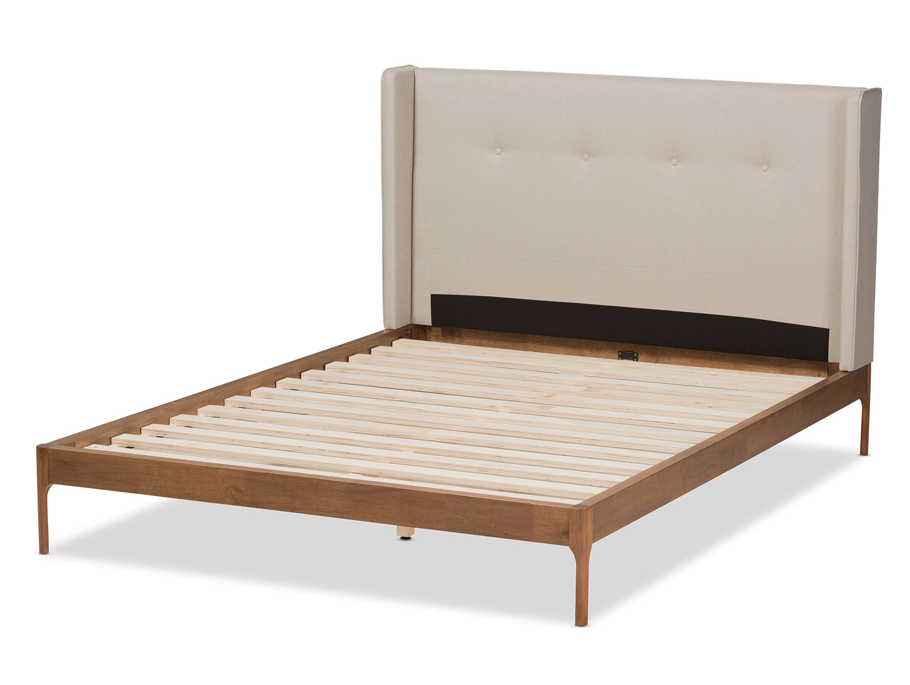 Baxton Studio Brooklyn Light Beige Fabric Walnut Wood Full Platform Bed