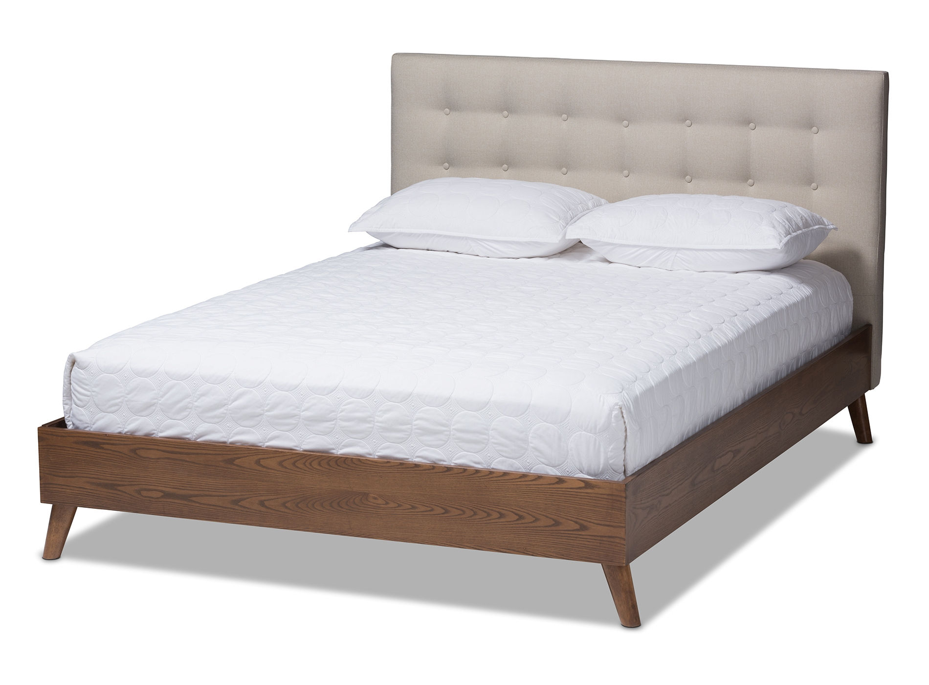 Baxton Studio Alinia Light Beige Fabric Walnut Wood Queen Platform Bed