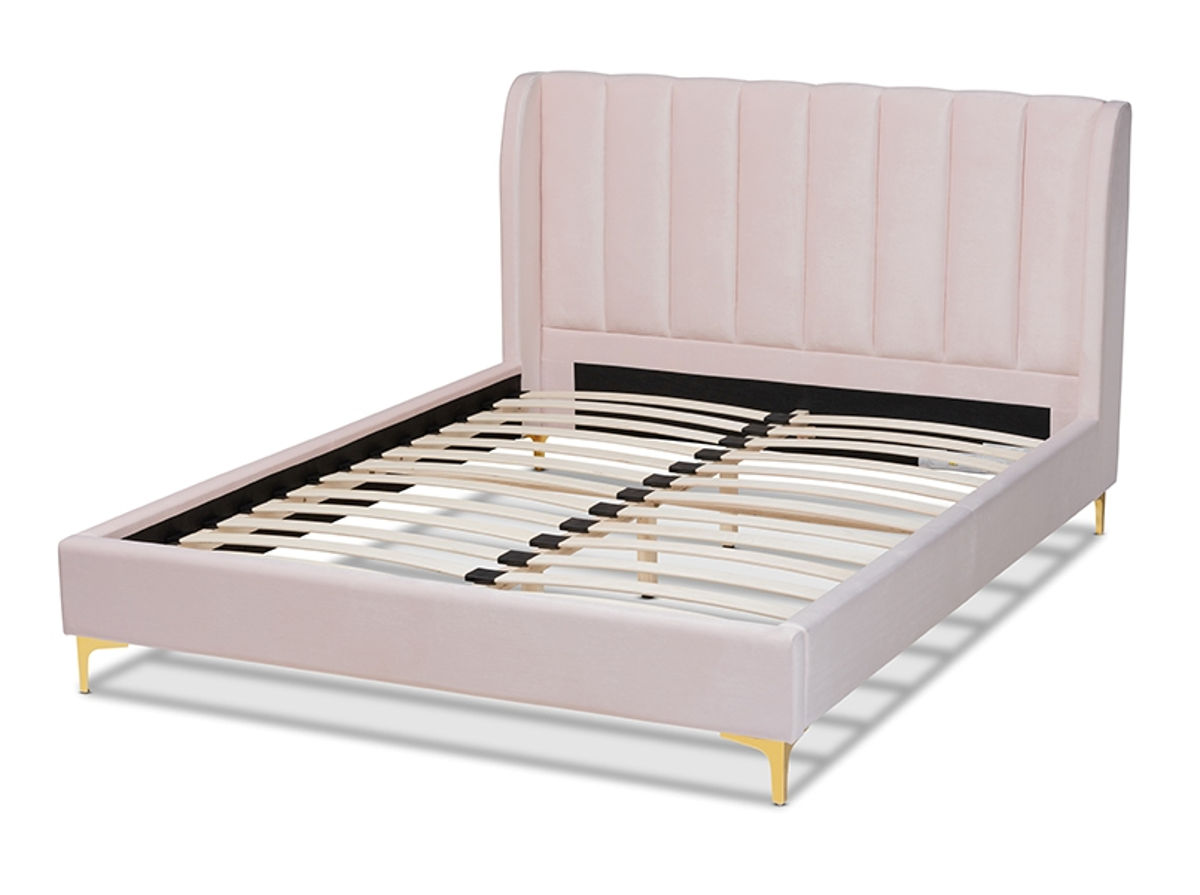 Baxton Studio Saverio Light Pink Velvet Upholstered Queen Platform Bed