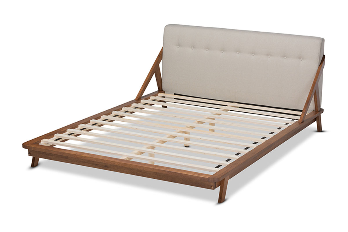 Baxton Studio Sante Light Beige Fabric Walnut Wood Queen Platform Bed