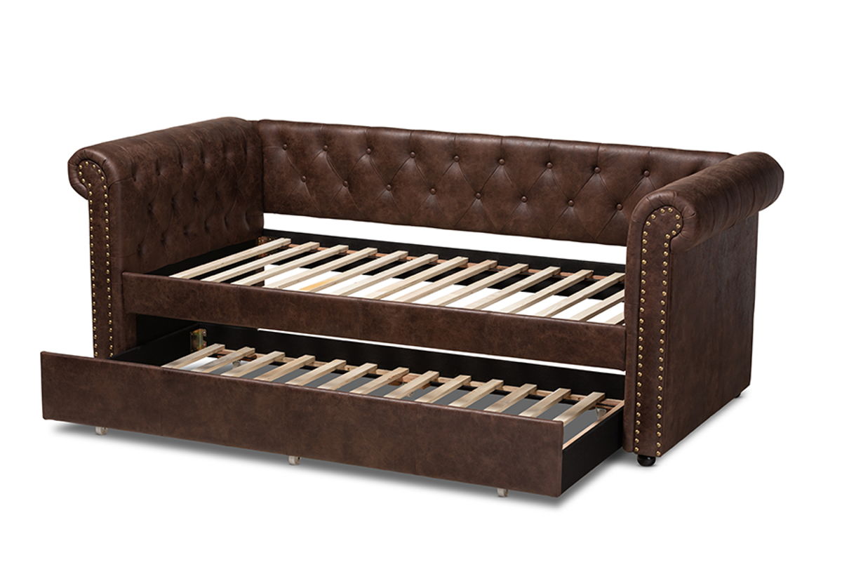 Baxton Studio Mabelle Brown Faux Leather Upholstered Daybed with Trundle