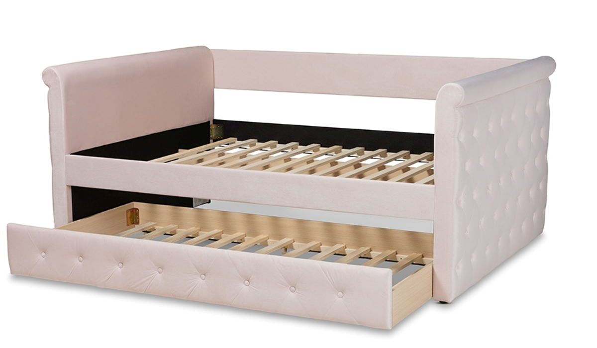 Baxton Studio Amaya Light Pink Velvet Upholstered Full Daybed with Trundle