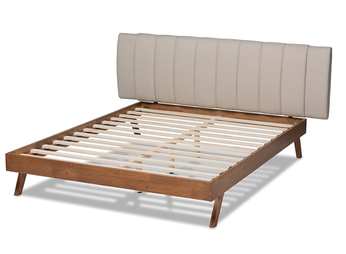Baxton Studio Brita Light Beige Fabric Walnut Wood Queen Bed