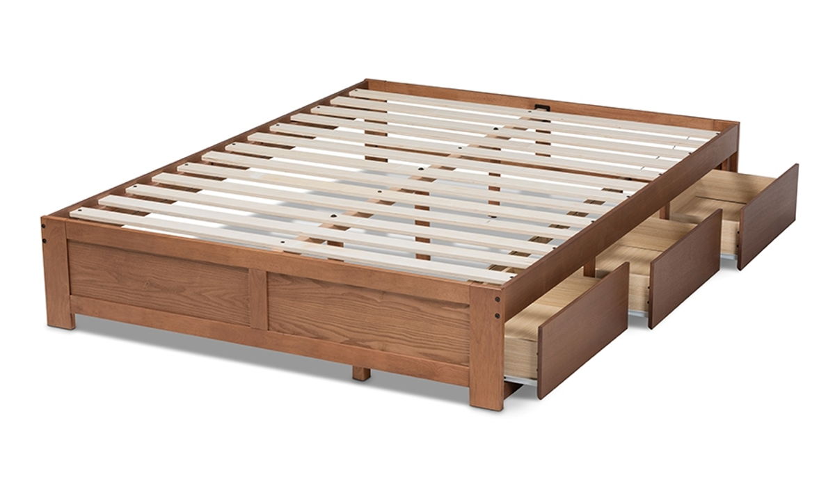 Baxton Studio Wren Walnut 3 Drawers Storage King Platform Bed Frame