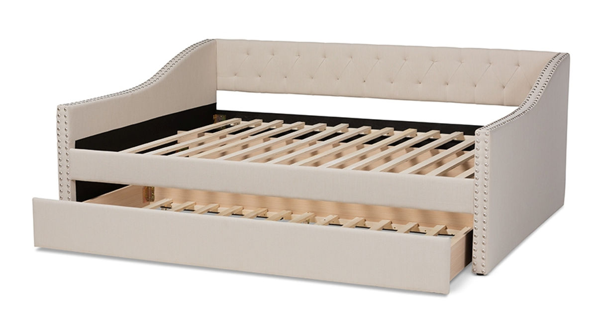 Baxton Studio Haylie Beige Fabric Queen Daybed with Roll Out Trundle Bed