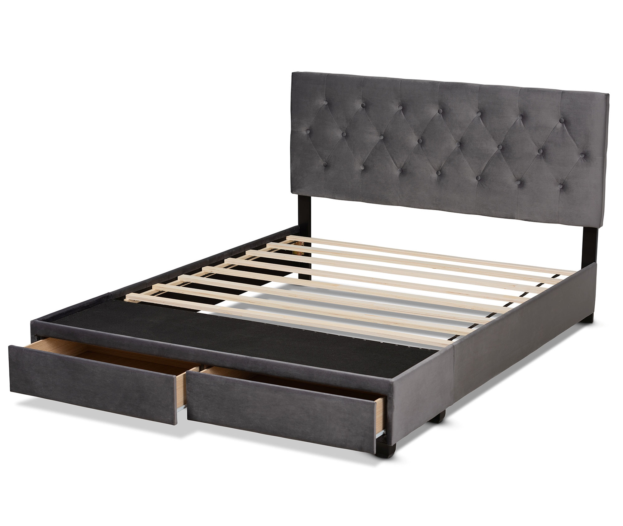 Baxton Studio Caronia Grey Velvet Upholstered 2 Drawers Queen Platform Bed