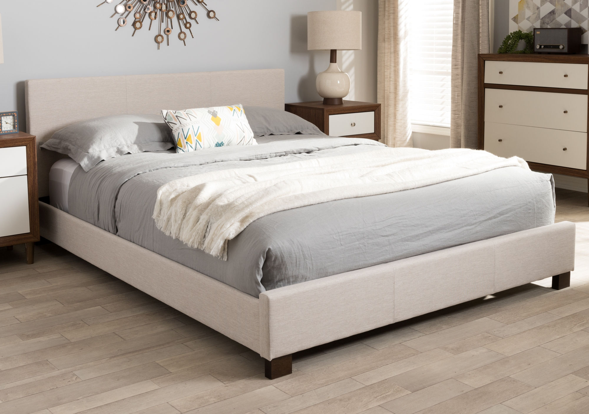 Baxton Studio Elizabeth Beige Fabric Upholstered Panel Stitched Queen Platf...