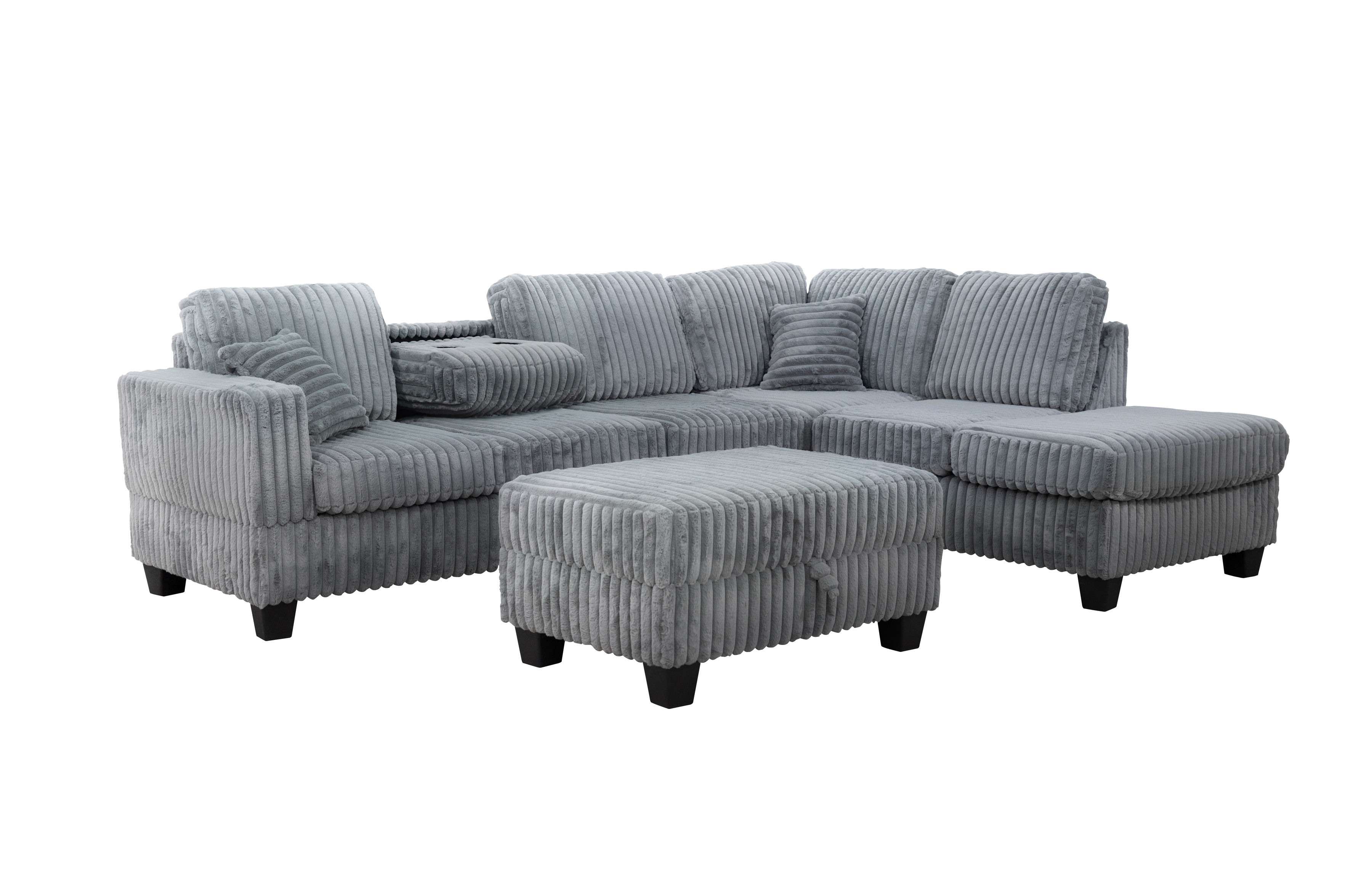 Bella Esprit Vega Grey Plush Reversible Sectional with Storage Ottoman