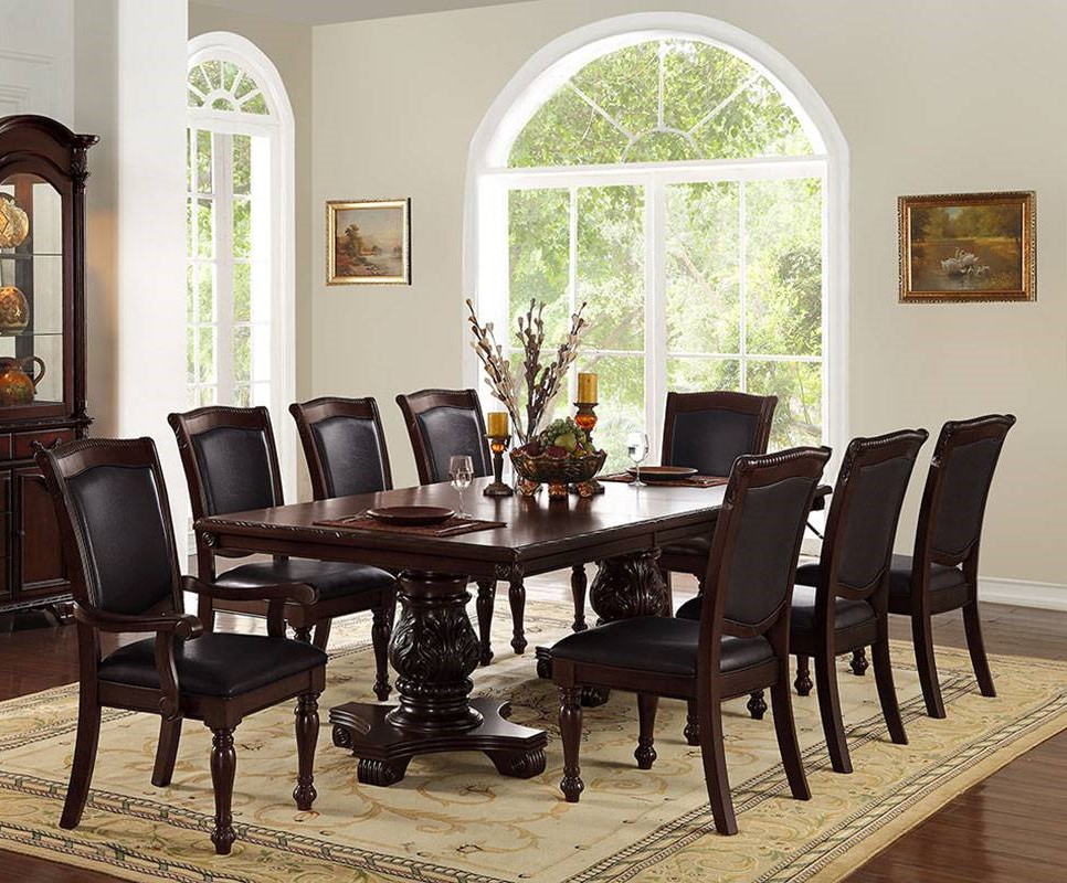 Poundex Cherry PU 9pc Dining Room Set