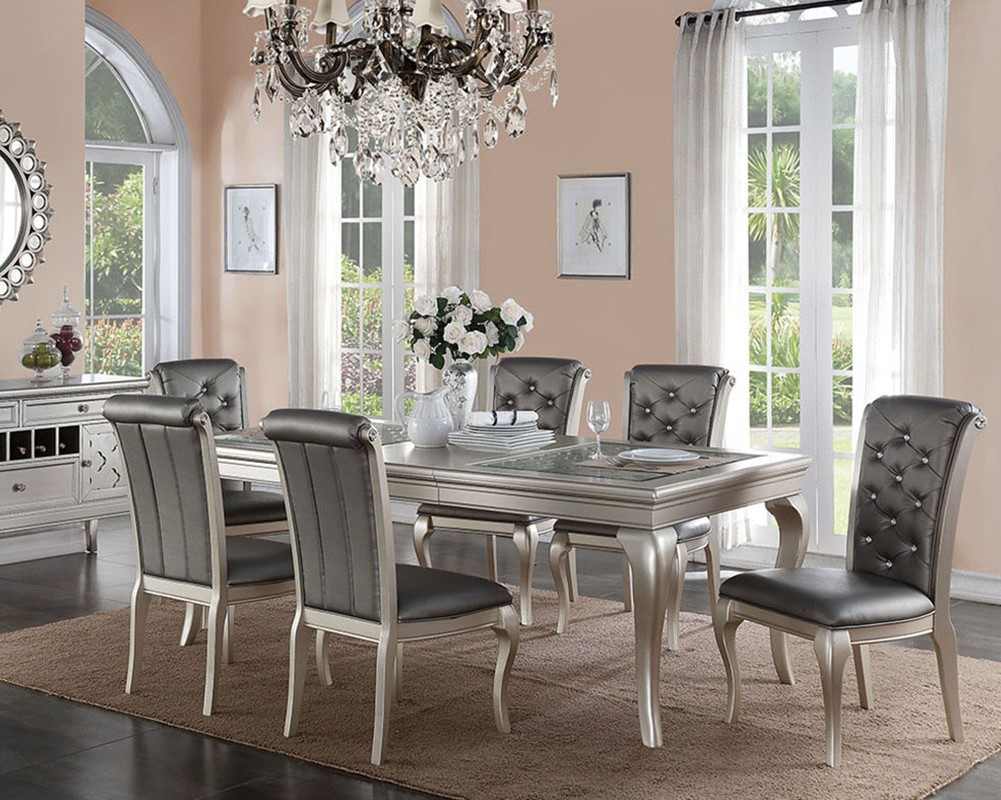 Poundex Silver Rectangle 7pc Dining Room Set