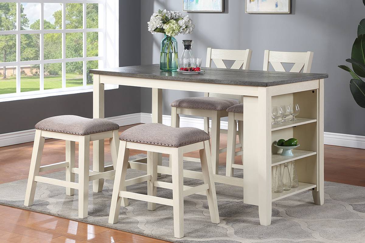 Poundex White Grey 5pc Counter Height Set With Stools