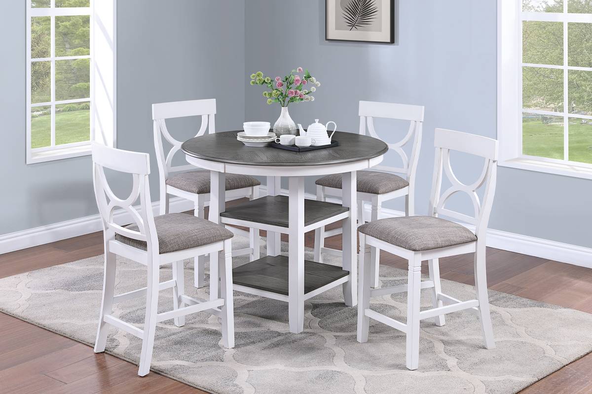 Poundex White Grey 5pc Counter Height Set with Curve Back Chair