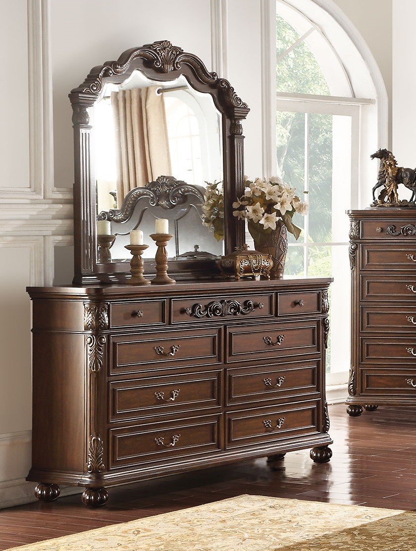 vintage cherry dresser Georgian Carved & Mirror, Kathy Ireland #54997 Full extension metal ball bearing drawer slides Empire Dresser Chest of Drawers