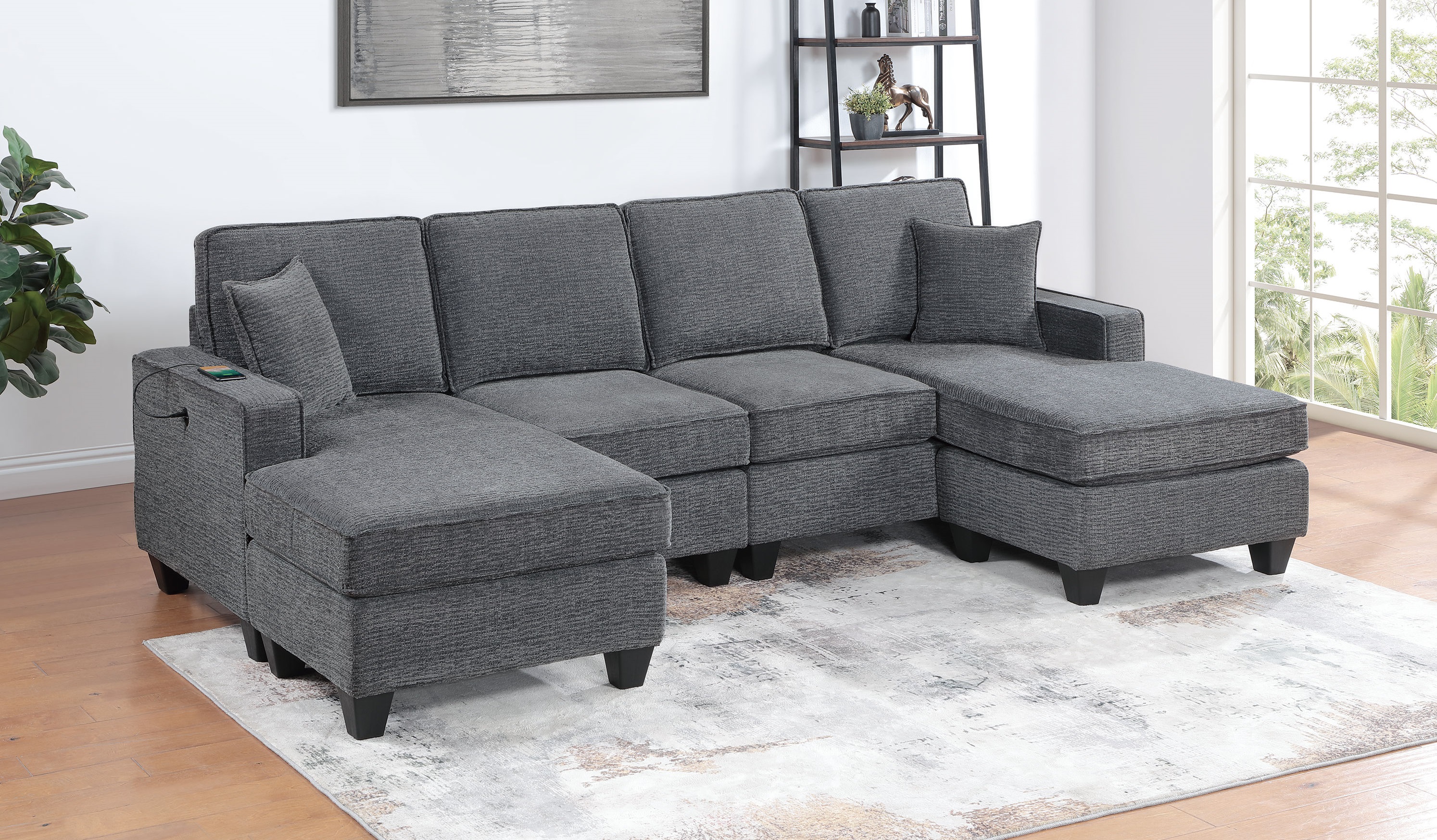 Poundex Slate Gray 3pc Sectional Sofa with USB Ports