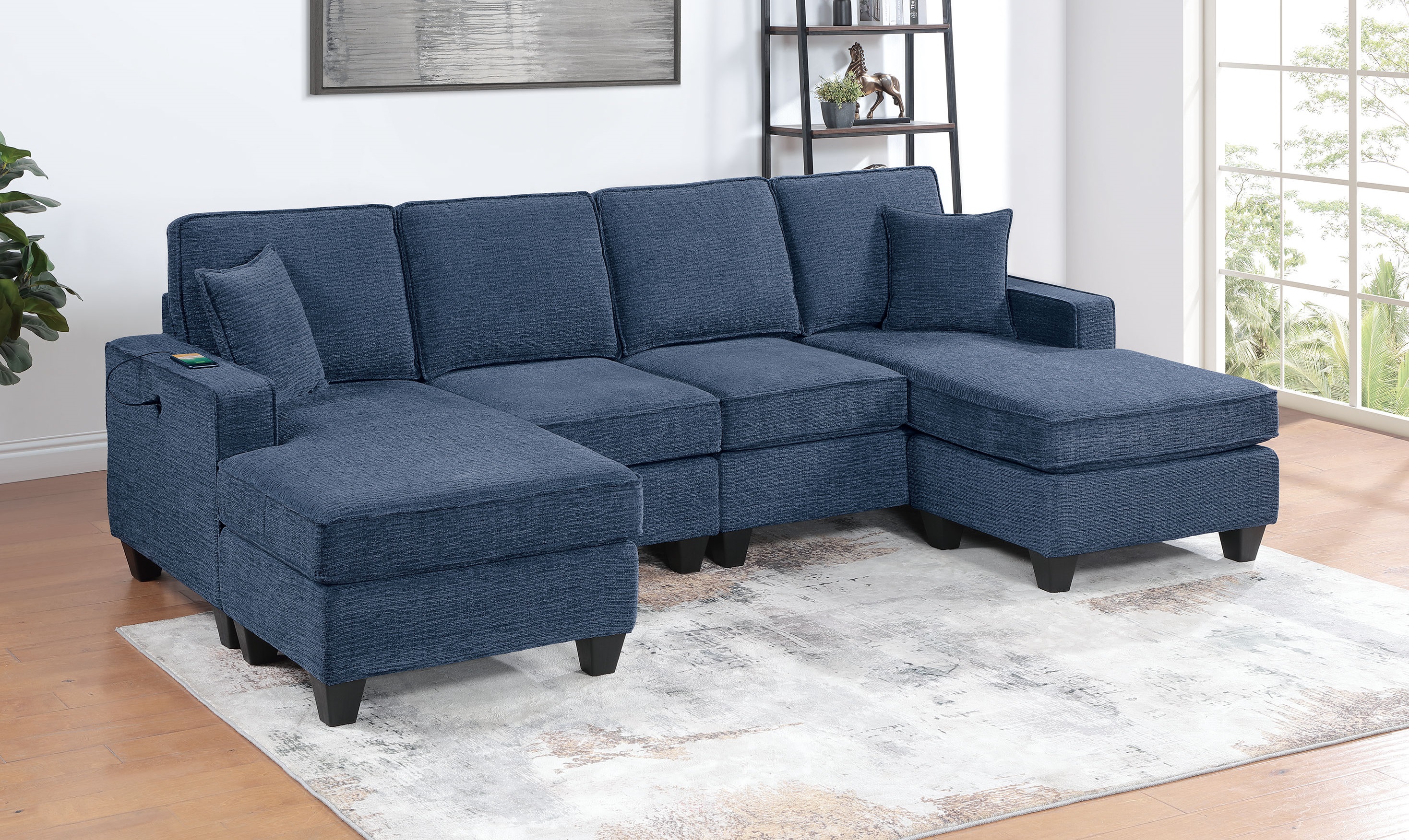 Poundex Dark Blue 3pc Sectional Sofa with USB Ports