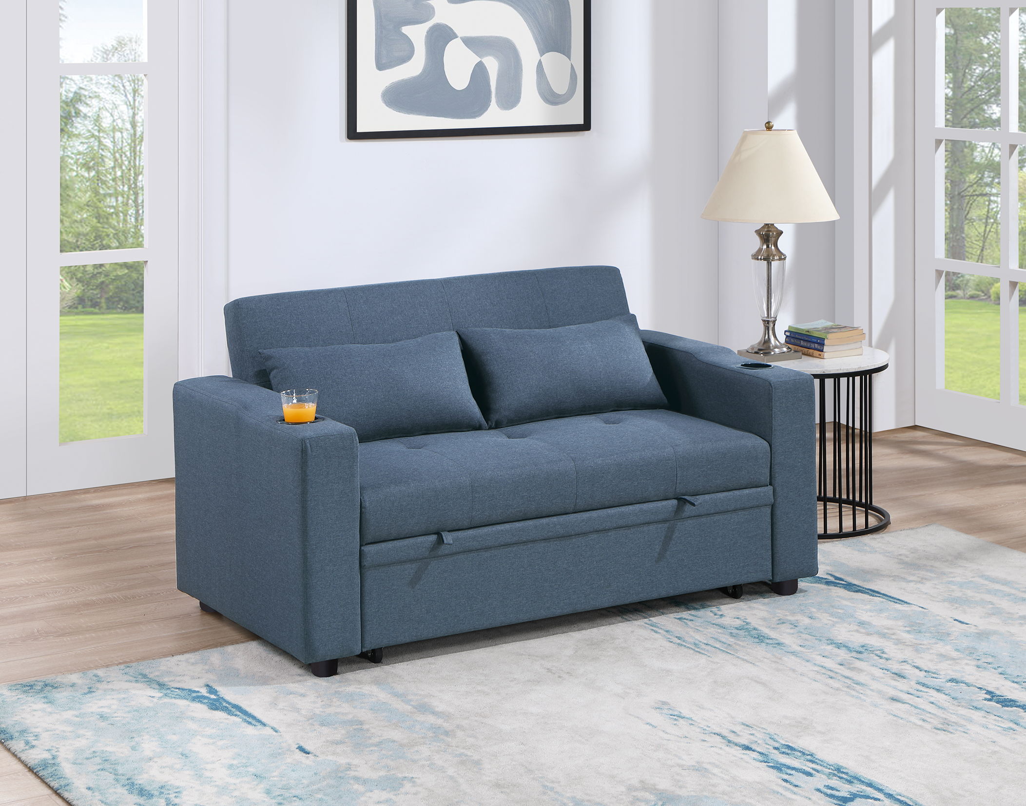 Poundex Dark Blue Convertible Sofa with 2 Accent Pillows