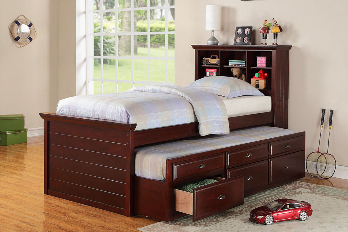 Poundex Dark Cherry Twin Bed with Trundle and Drawers
